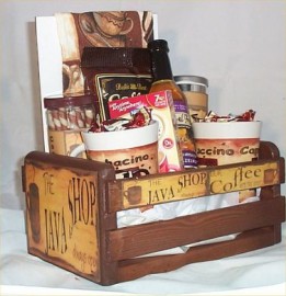 Coffee Gift Basket Cafe Java 2 Mugs Candy Towel Cookies Syrup Wood Crate