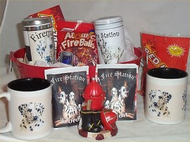 Fire Station Gift Bucket Dalmation Coffee Mugs Cocoa Cookies Candy LG     