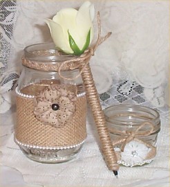1 Mason Jar Candle Wedding Burlap Lace Bridal Ribbon Rustic Country Farm Pen     